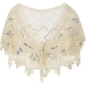 PrettyGuide Women's Silver Beige 1920s Shawl Beaded Evening Wraps Flapper Bolero